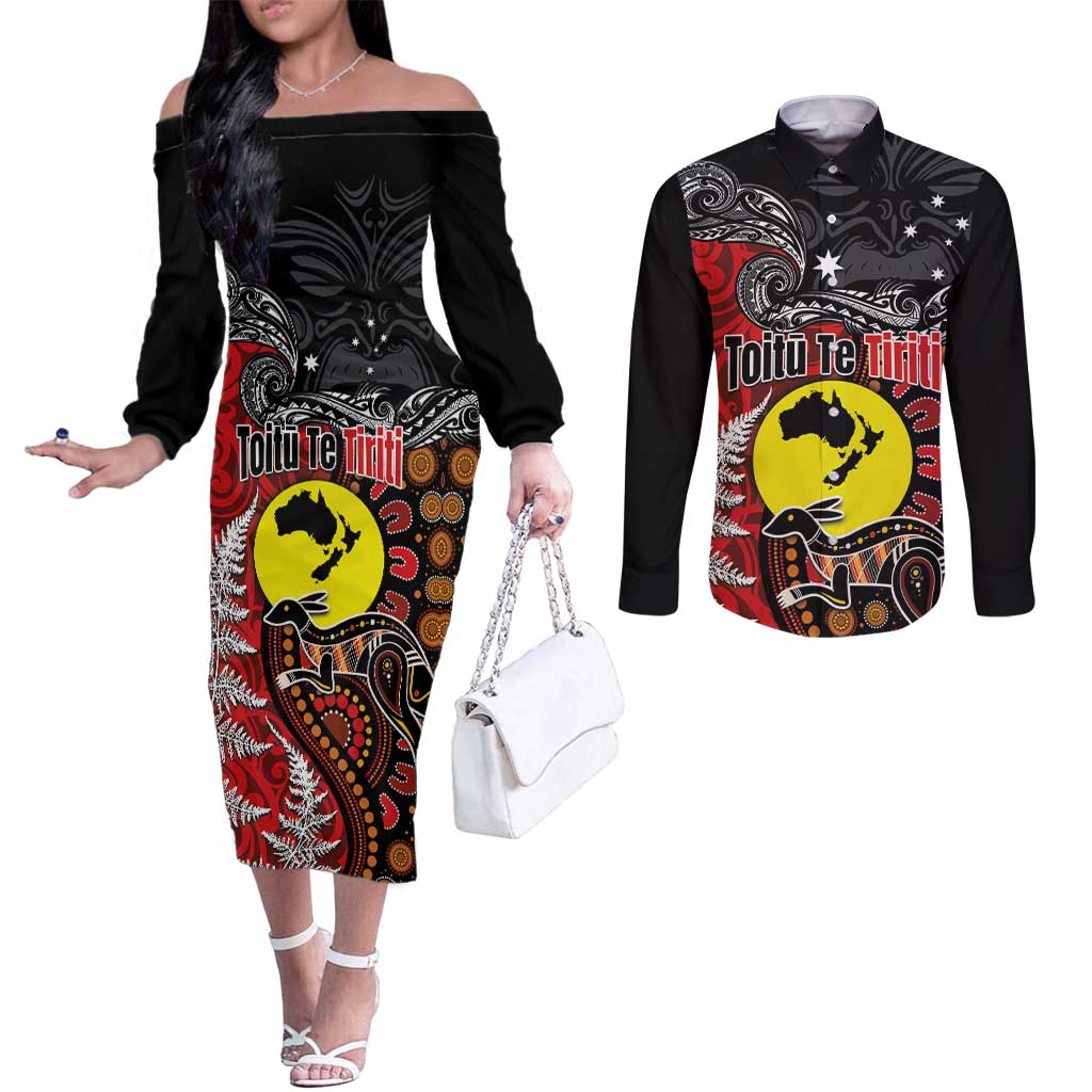 Aotearoa and Australia Toitu Te Tiriti Couples Matching Off The Shoulder Long Sleeve Dress and Long Sleeve Button Shirt Honour the Treaty - Te Tiriti Is Us