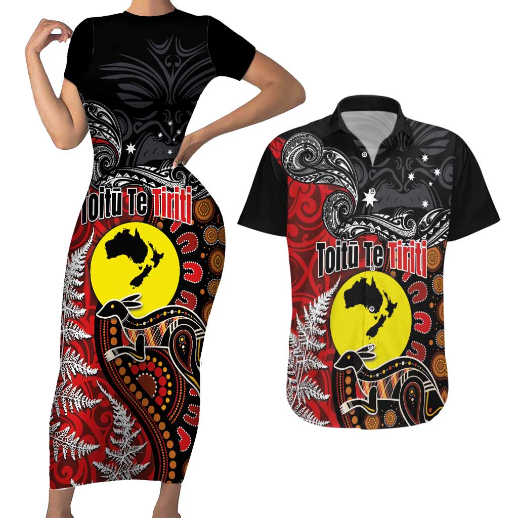 Aotearoa and Australia Toitu Te Tiriti Couples Matching Short Sleeve Bodycon Dress and Hawaiian Shirt Honour the Treaty - Te Tiriti Is Us LT03 Black - Polynesian Pride