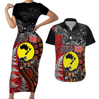 Aotearoa and Australia Toitu Te Tiriti Couples Matching Short Sleeve Bodycon Dress and Hawaiian Shirt Honour the Treaty - Te Tiriti Is Us LT03 Black - Polynesian Pride