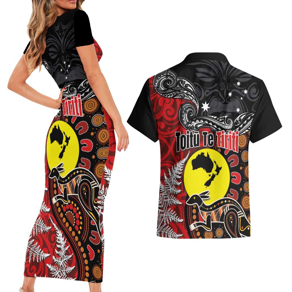 Aotearoa and Australia Toitu Te Tiriti Couples Matching Short Sleeve Bodycon Dress and Hawaiian Shirt Honour the Treaty - Te Tiriti Is Us LT03 - Polynesian Pride