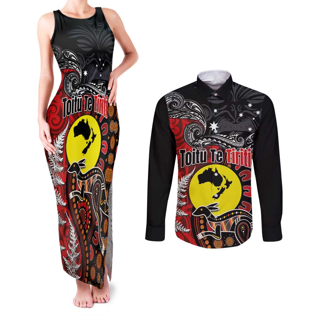 Aotearoa and Australia Toitu Te Tiriti Couples Matching Tank Maxi Dress and Long Sleeve Button Shirt Honour the Treaty - Te Tiriti Is Us