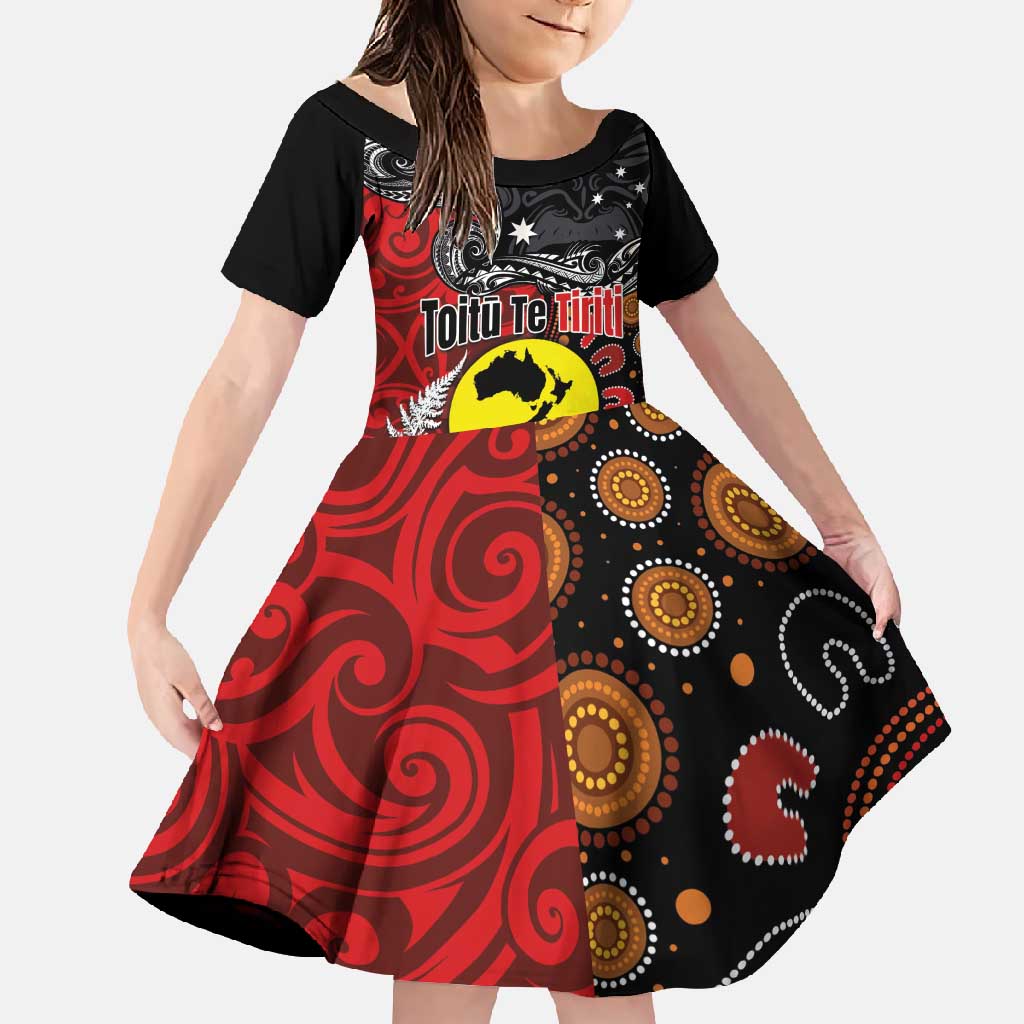 Aotearoa and Australia Toitu Te Tiriti Family Matching Long Sleeve Bodycon Dress and Hawaiian Shirt Honour the Treaty - Te Tiriti Is Us LT03 Daughter's Dress Black - Polynesian Pride