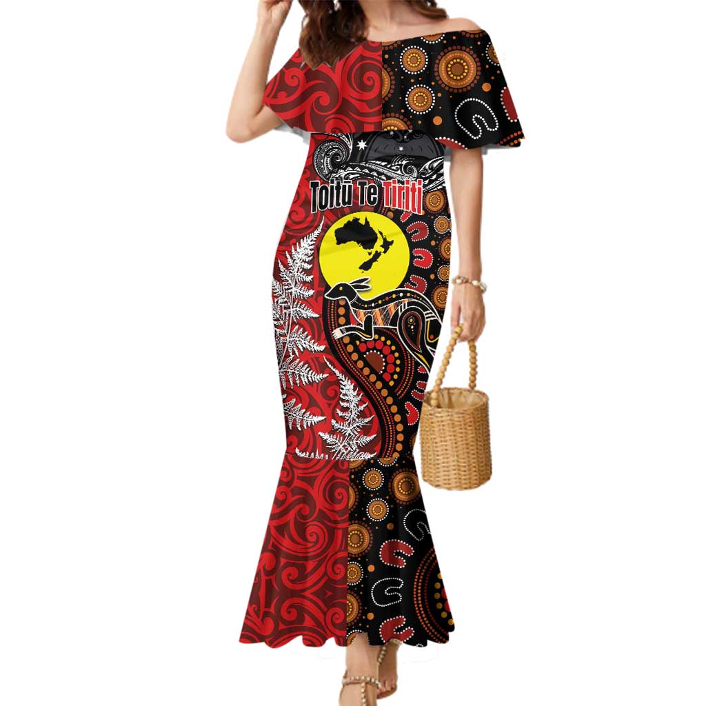 Aotearoa and Australia Toitu Te Tiriti Family Matching Mermaid Dress and Hawaiian Shirt Honour the Treaty - Te Tiriti Is Us LT03 Mom's Dress Black - Polynesian Pride