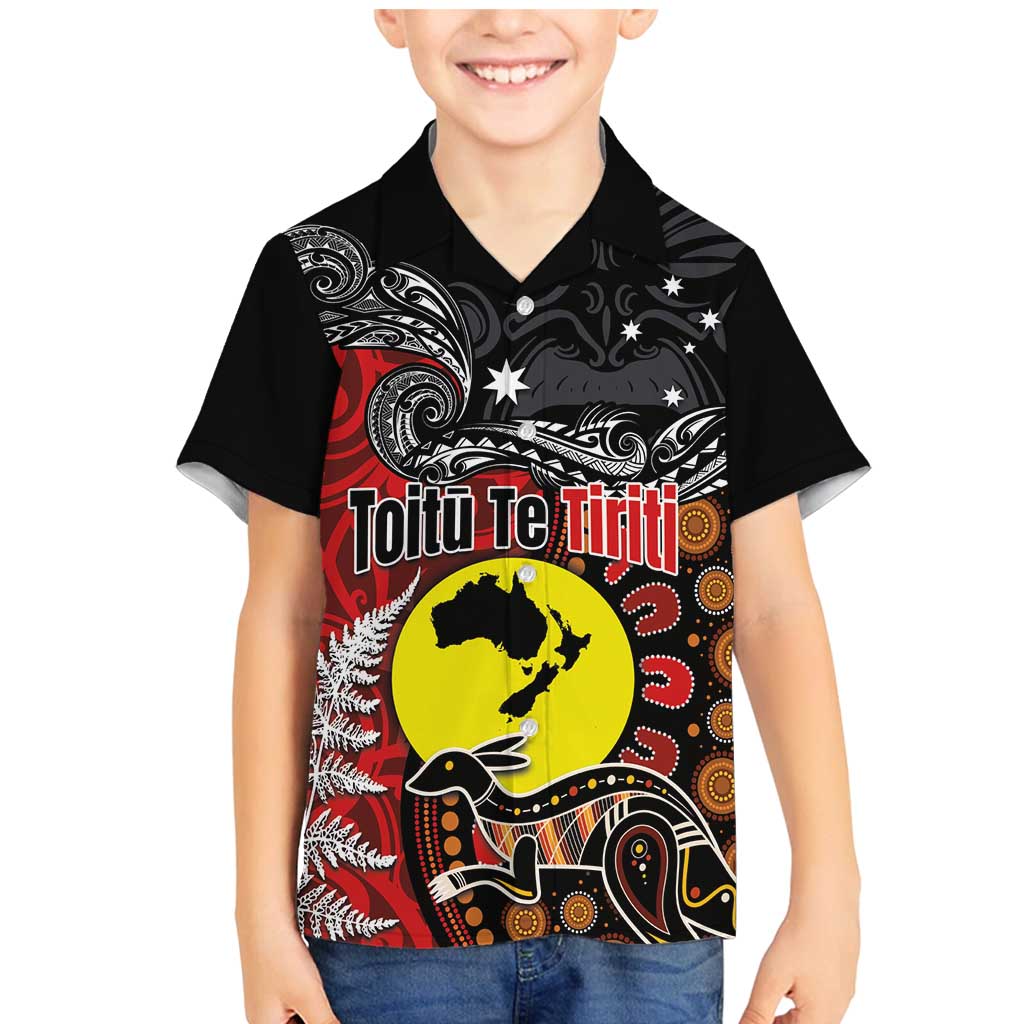 Aotearoa and Australia Toitu Te Tiriti Family Matching Mermaid Dress and Hawaiian Shirt Honour the Treaty - Te Tiriti Is Us LT03 Son's Shirt Black - Polynesian Pride