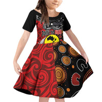 Aotearoa and Australia Toitu Te Tiriti Family Matching Off Shoulder Short Dress and Hawaiian Shirt Honour the Treaty - Te Tiriti Is Us LT03 Daughter's Dress Black - Polynesian Pride