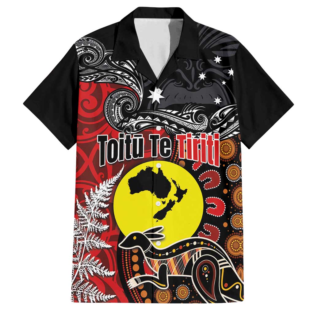 Aotearoa and Australia Toitu Te Tiriti Family Matching Off Shoulder Short Dress and Hawaiian Shirt Honour the Treaty - Te Tiriti Is Us LT03 Dad's Shirt - Short Sleeve Black - Polynesian Pride