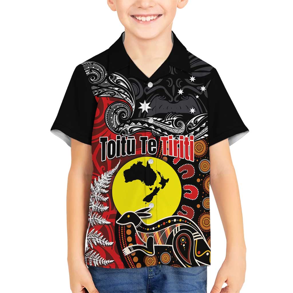 Aotearoa and Australia Toitu Te Tiriti Family Matching Puletasi and Hawaiian Shirt Honour the Treaty - Te Tiriti Is Us LT03 Son's Shirt Black - Polynesian Pride