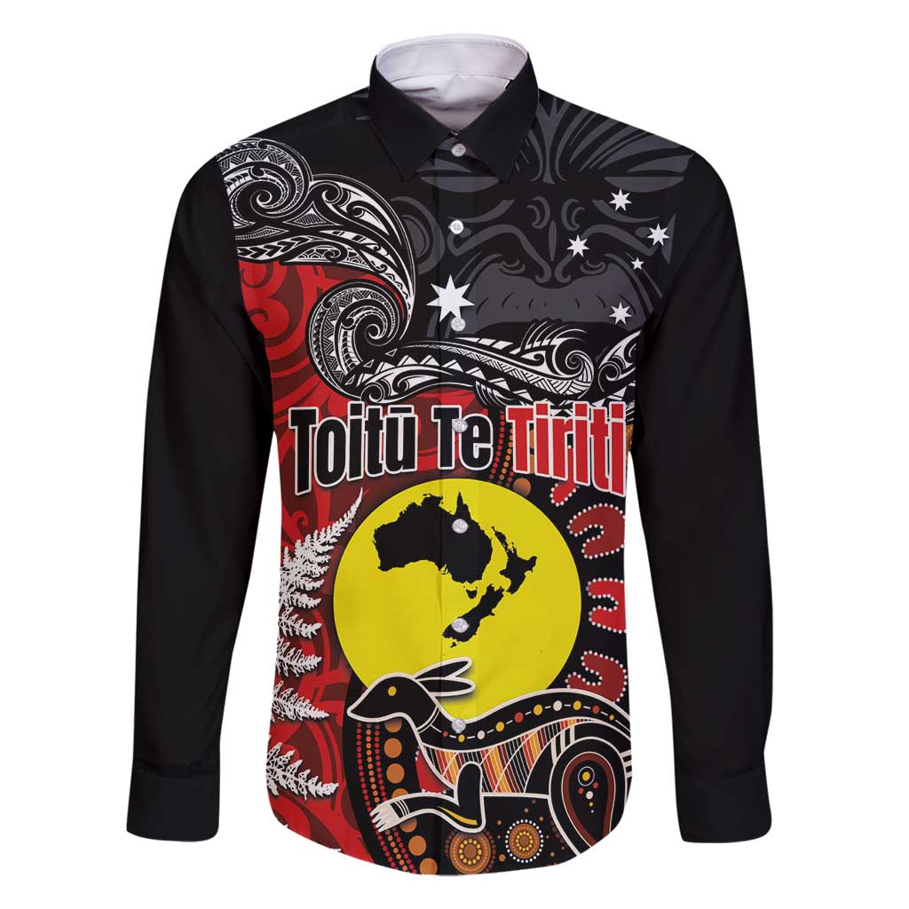 Aotearoa and Australia Toitu Te Tiriti Family Matching Tank Maxi Dress and Hawaiian Shirt Honour the Treaty - Te Tiriti Is Us LT03 Dad's Shirt - Long Sleeve Black - Polynesian Pride