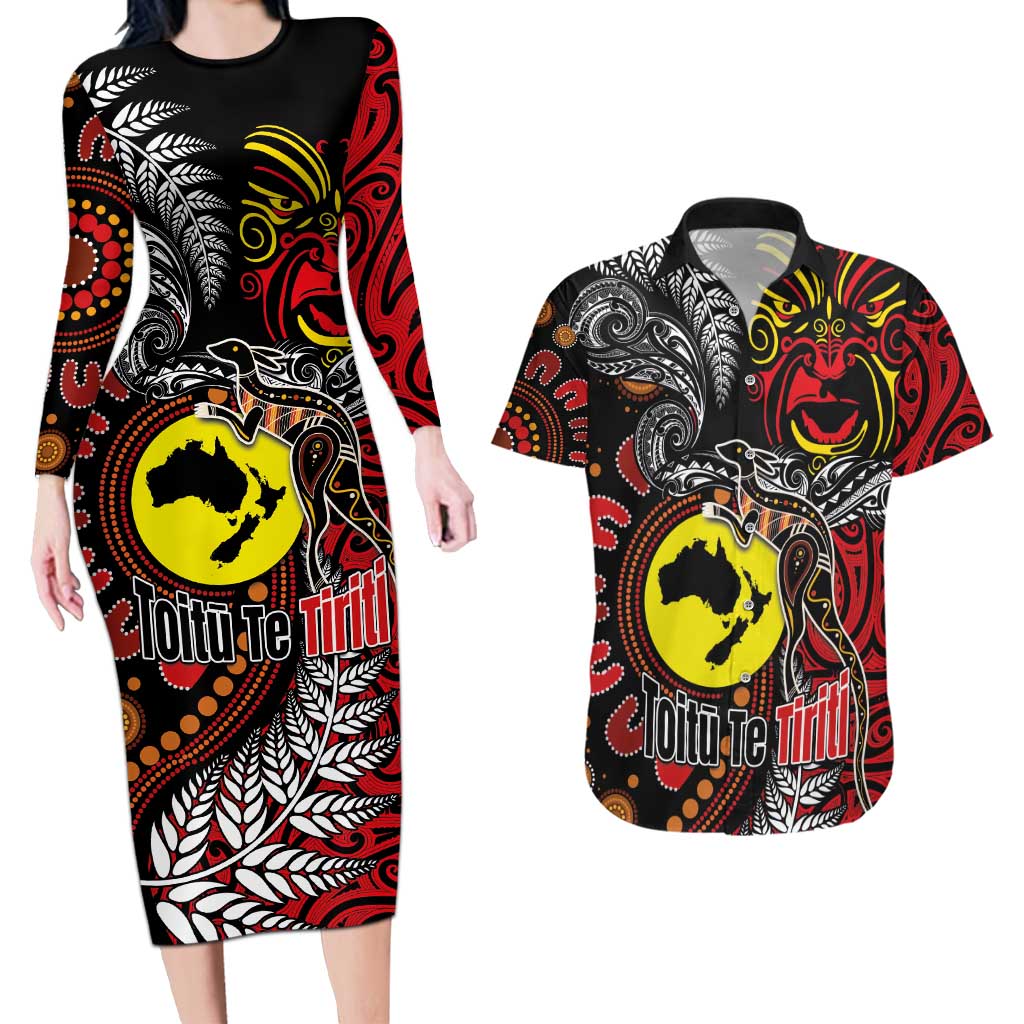 Aotearoa and Australia Toitu Te Tiriti Couples Matching Long Sleeve Bodycon Dress and Hawaiian Shirt Honour the Treaty - Stand Together Stand Stronger LT03 Black - Polynesian Pride