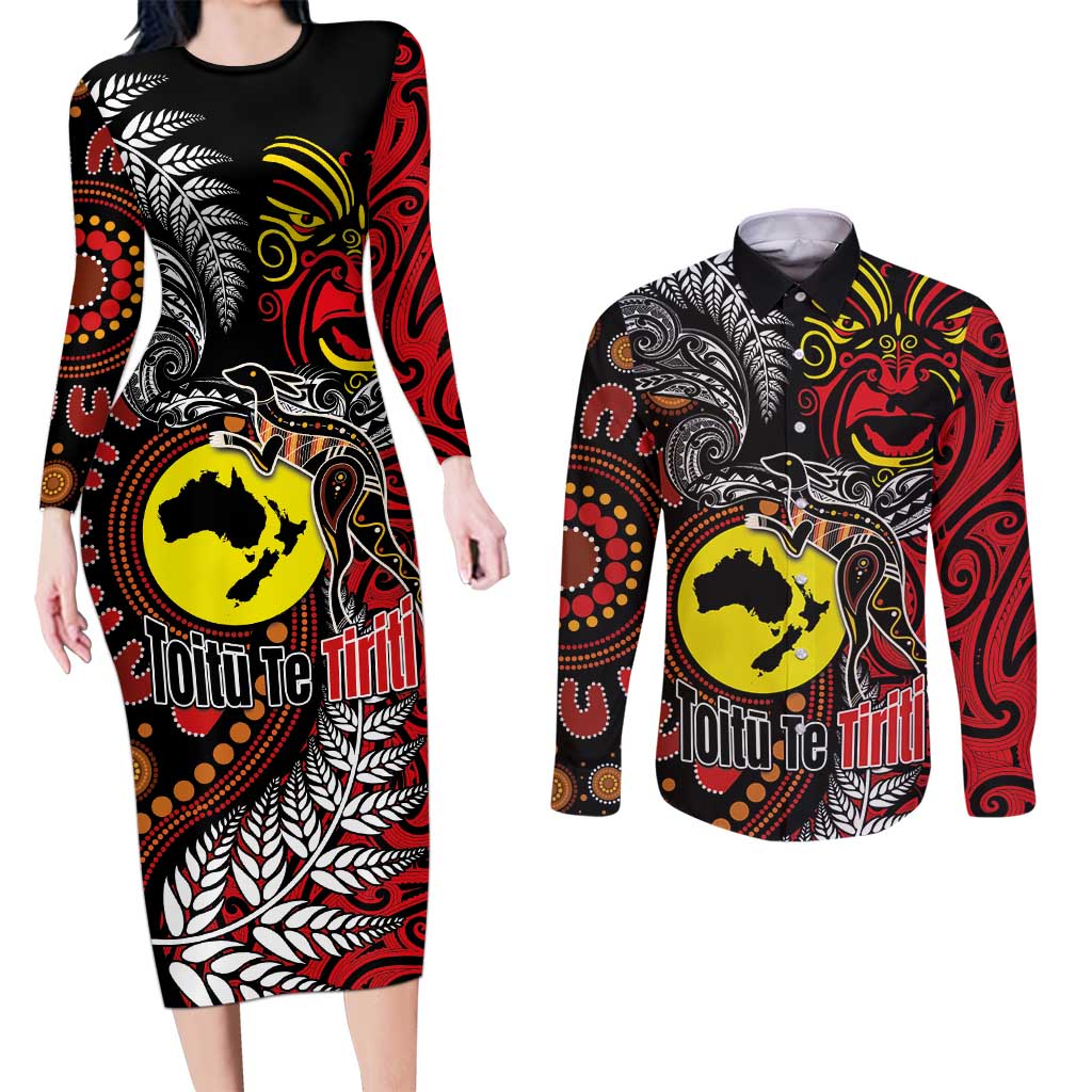 Aotearoa and Australia Toitu Te Tiriti Couples Matching Long Sleeve Bodycon Dress and Long Sleeve Button Shirt Honour the Treaty - Stand Together Stand Stronger