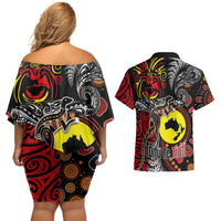 Aotearoa and Australia Toitu Te Tiriti Couples Matching Off Shoulder Short Dress and Hawaiian Shirt Honour the Treaty - Stand Together Stand Stronger