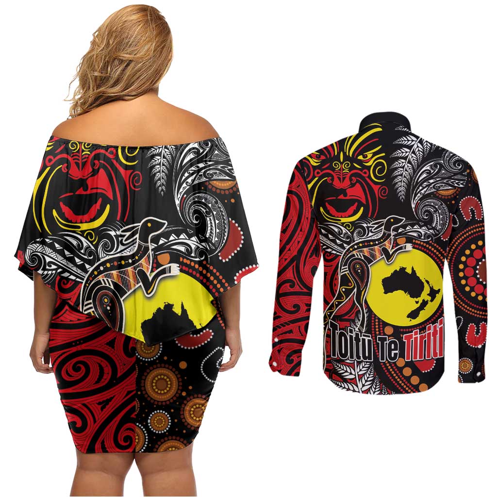 Aotearoa and Australia Toitu Te Tiriti Couples Matching Off Shoulder Short Dress and Long Sleeve Button Shirt Honour the Treaty - Stand Together Stand Stronger