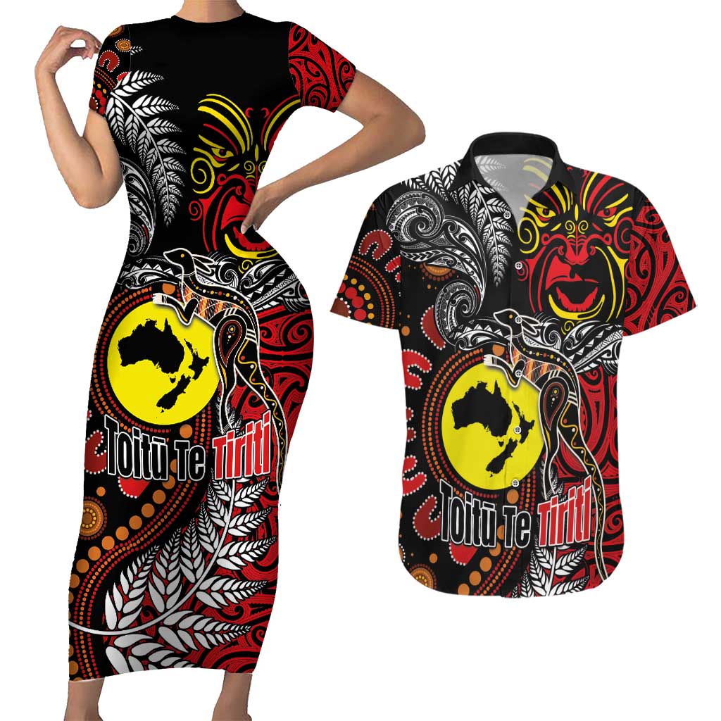 Aotearoa and Australia Toitu Te Tiriti Couples Matching Short Sleeve Bodycon Dress and Hawaiian Shirt Honour the Treaty - Stand Together Stand Stronger LT03 Black - Polynesian Pride