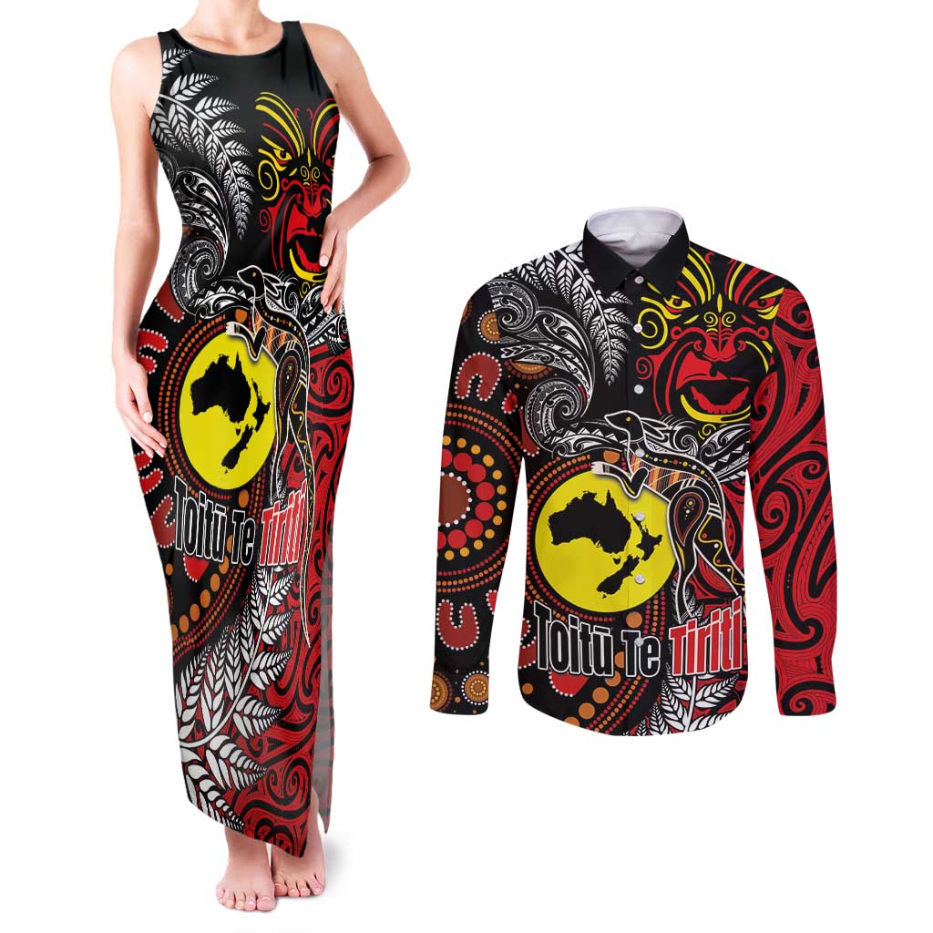 Aotearoa and Australia Toitu Te Tiriti Couples Matching Tank Maxi Dress and Long Sleeve Button Shirt Honour the Treaty - Stand Together Stand Stronger