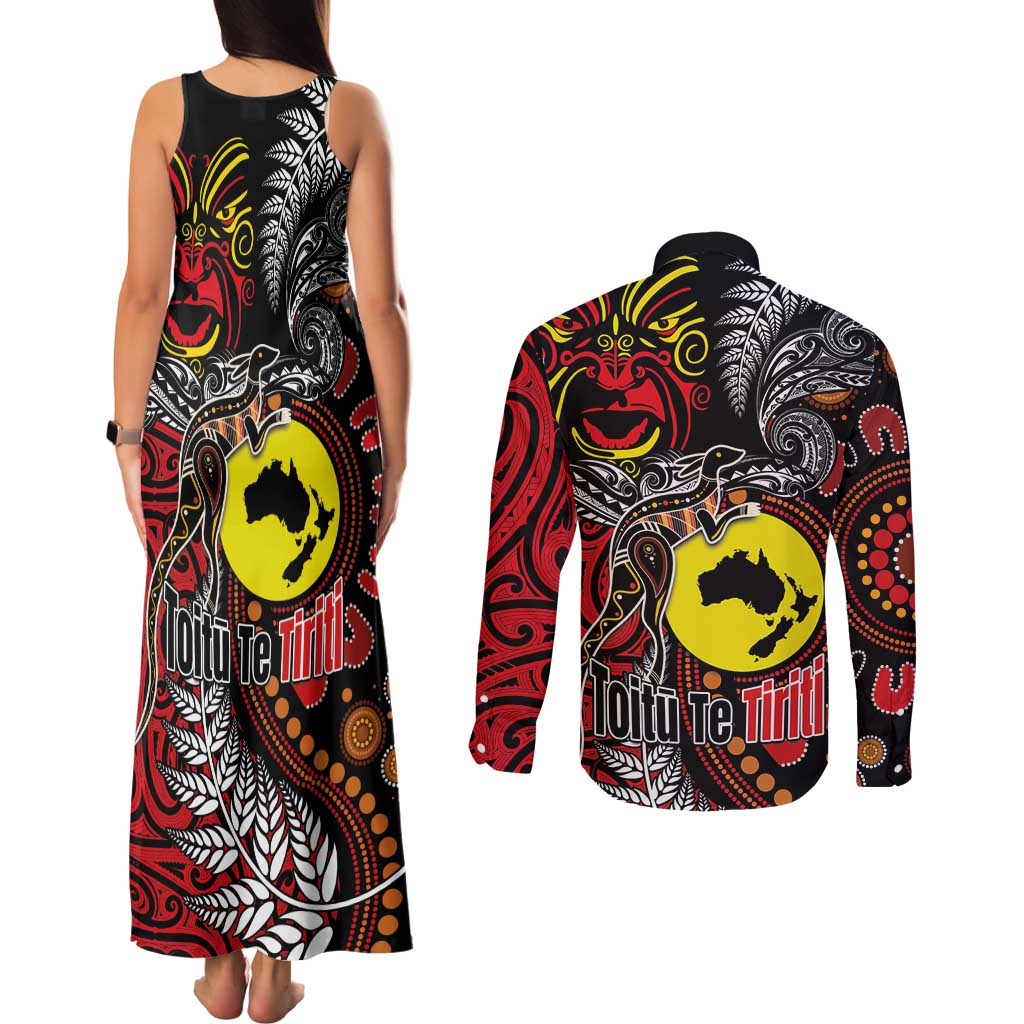 Aotearoa and Australia Toitu Te Tiriti Couples Matching Tank Maxi Dress and Long Sleeve Button Shirt Honour the Treaty - Stand Together Stand Stronger