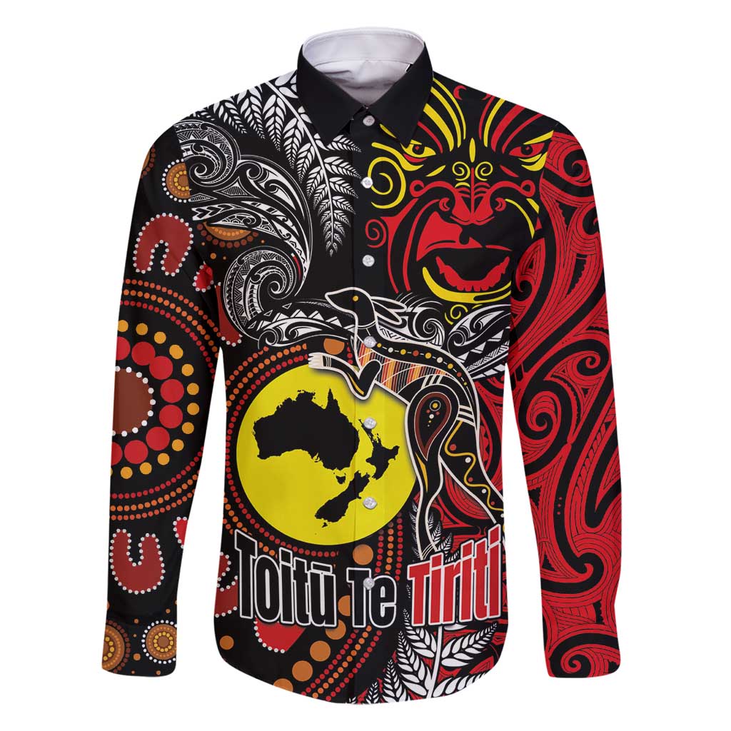 Aotearoa and Australia Toitu Te Tiriti Family Matching Summer Maxi Dress and Hawaiian Shirt Honour the Treaty - Stand Together Stand Stronger LT03 Dad's Shirt - Long Sleeve Black - Polynesian Pride