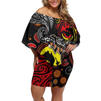 Aotearoa and Australia Toitu Te Tiriti Off Shoulder Short Dress Honour the Treaty - Stand Together Stand Stronger LT03 Women Black - Polynesian Pride