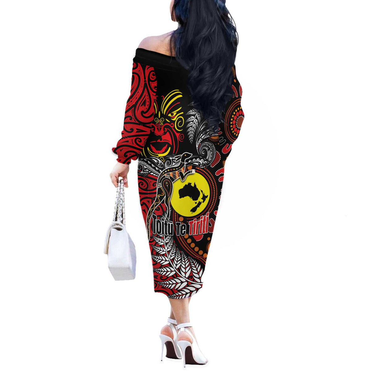 Aotearoa and Australia Toitu Te Tiriti Off The Shoulder Long Sleeve Dress Honour the Treaty - Stand Together Stand Stronger LT03 - Polynesian Pride