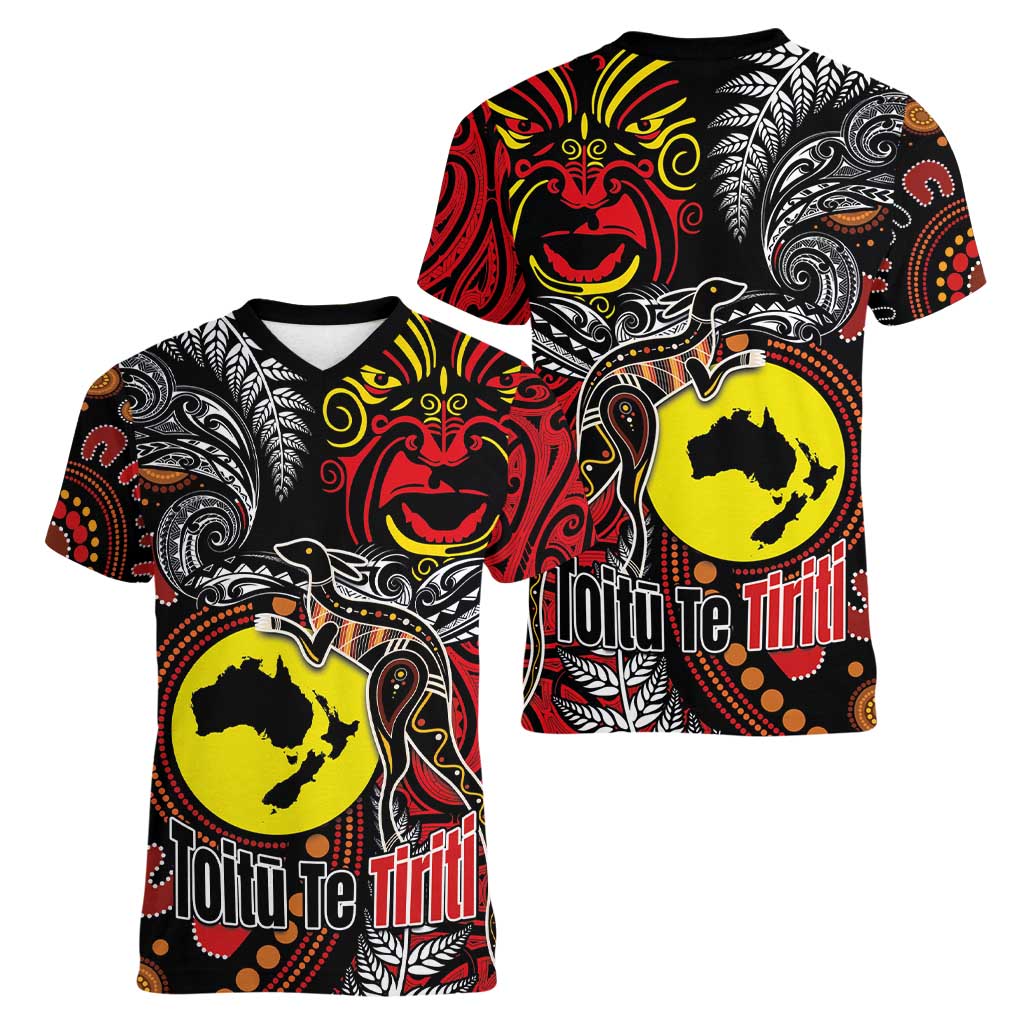 Aotearoa and Australia Toitu Te Tiriti Women V-Neck T-Shirt Honour the Treaty - Stand Together Stand Stronger