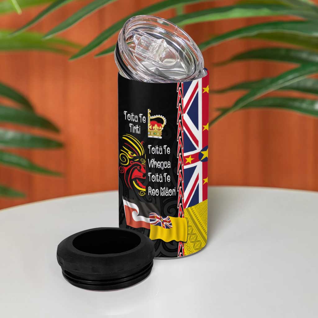 Aotearoa and Niue Toitu Te Tiriti 4 in 1 Can Cooler Tumbler Honour the Treaty - Fight Together Stand Together LT03 - Polynesian Pride