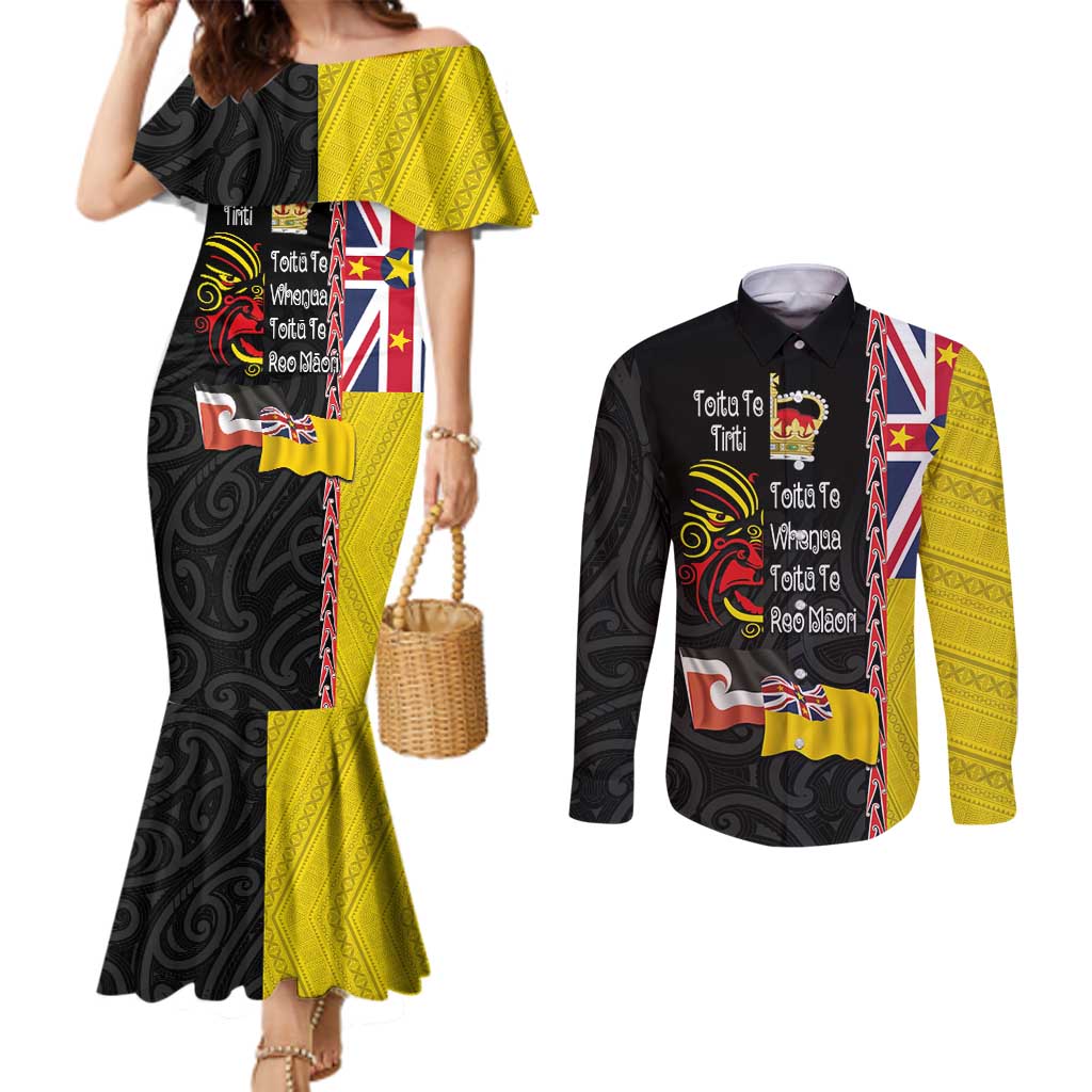 Aotearoa and Niue Toitu Te Tiriti Couples Matching Mermaid Dress and Long Sleeve Button Shirt Honour the Treaty - Fight Together Stand Together LT03 Black - Polynesian Pride