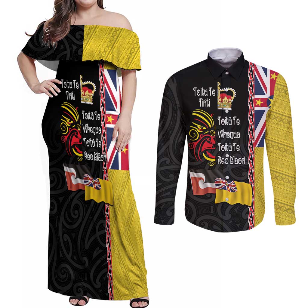 Aotearoa and Niue Toitu Te Tiriti Couples Matching Off Shoulder Maxi Dress and Long Sleeve Button Shirt Honour the Treaty - Fight Together Stand Together LT03 Black - Polynesian Pride