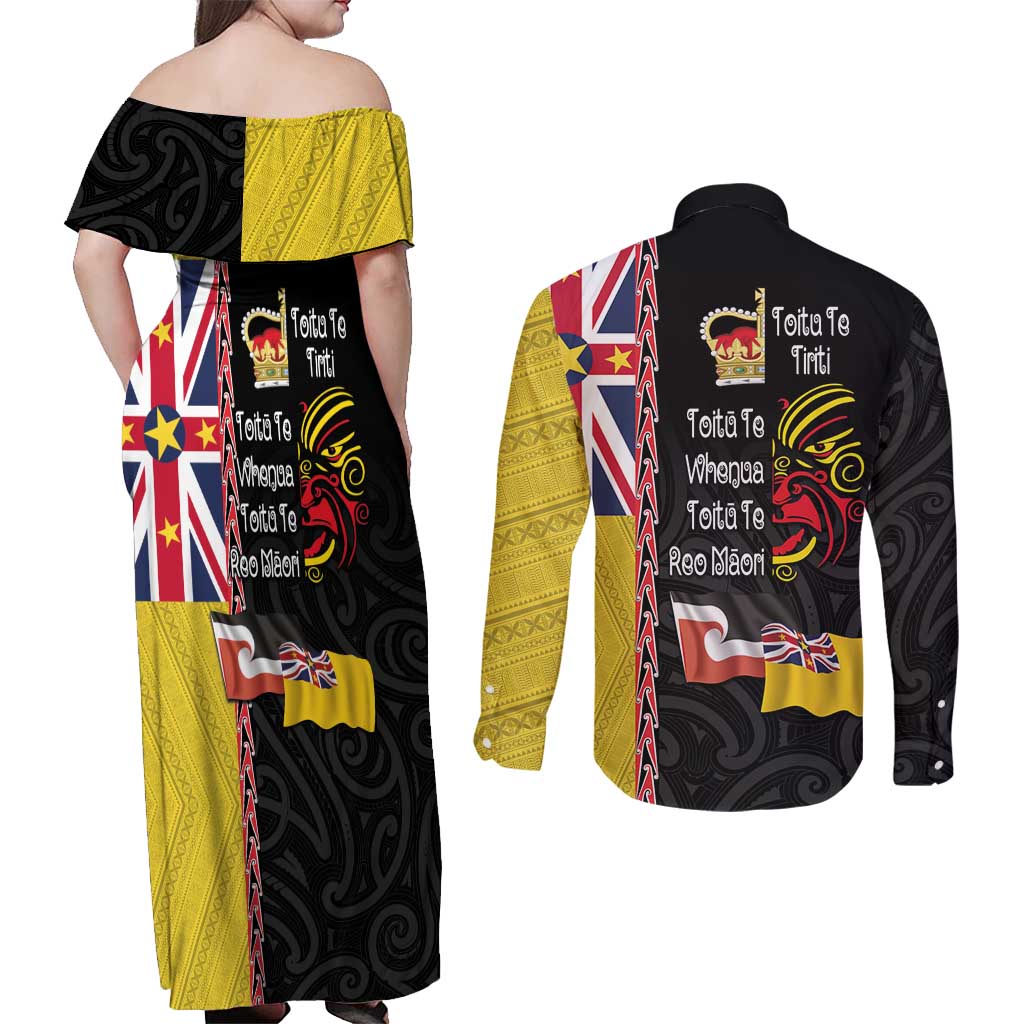 Aotearoa and Niue Toitu Te Tiriti Couples Matching Off Shoulder Maxi Dress and Long Sleeve Button Shirt Honour the Treaty - Fight Together Stand Together LT03 - Polynesian Pride