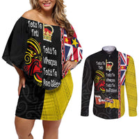 Aotearoa and Niue Toitu Te Tiriti Couples Matching Off Shoulder Short Dress and Long Sleeve Button Shirt Honour the Treaty - Fight Together Stand Together LT03 Black - Polynesian Pride