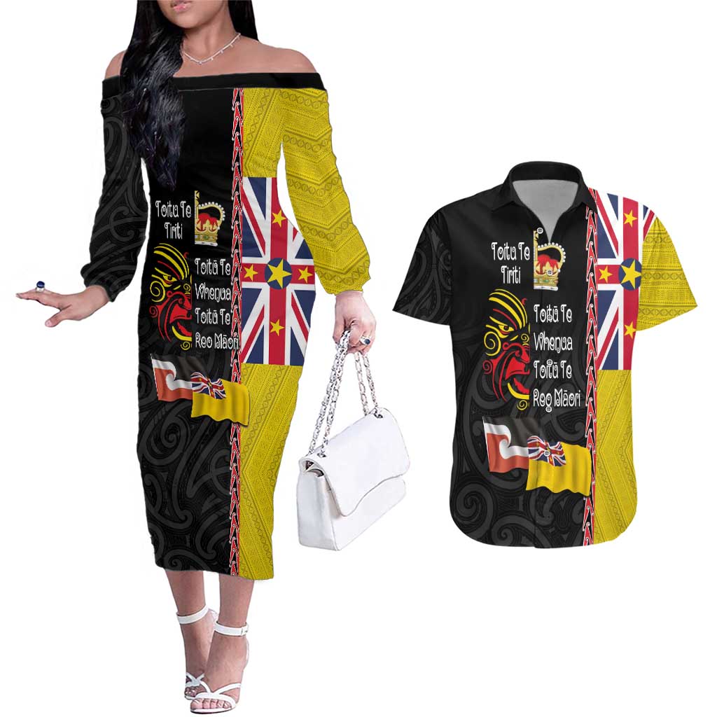 Aotearoa and Niue Toitu Te Tiriti Couples Matching Off The Shoulder Long Sleeve Dress and Hawaiian Shirt Honour the Treaty - Fight Together Stand Together LT03 Black - Polynesian Pride