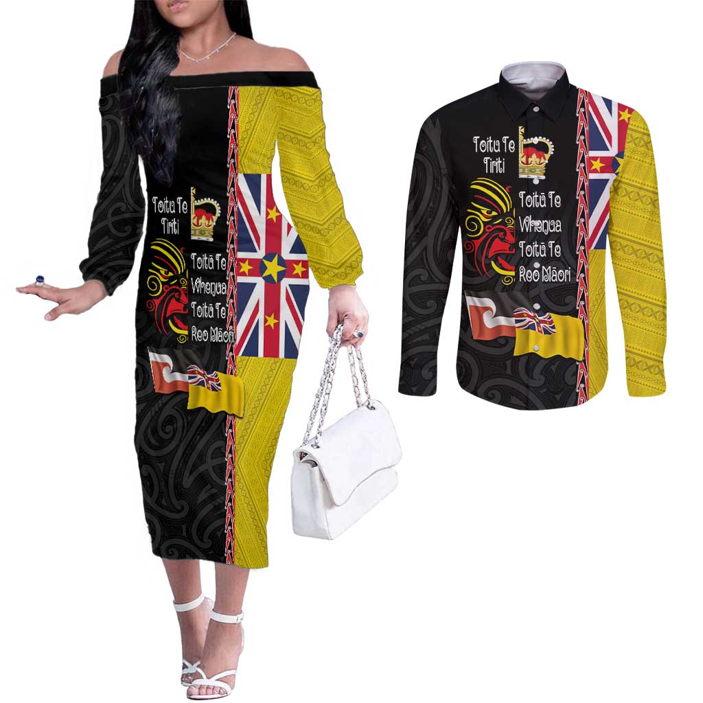 Aotearoa and Niue Toitu Te Tiriti Couples Matching Off The Shoulder Long Sleeve Dress and Long Sleeve Button Shirt Honour the Treaty - Fight Together Stand Together LT03 Black - Polynesian Pride
