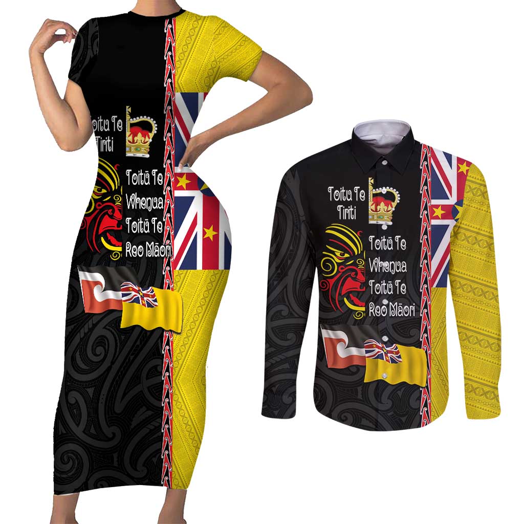 Aotearoa and Niue Toitu Te Tiriti Couples Matching Short Sleeve Bodycon Dress and Long Sleeve Button Shirt Honour the Treaty - Fight Together Stand Together LT03 Black - Polynesian Pride