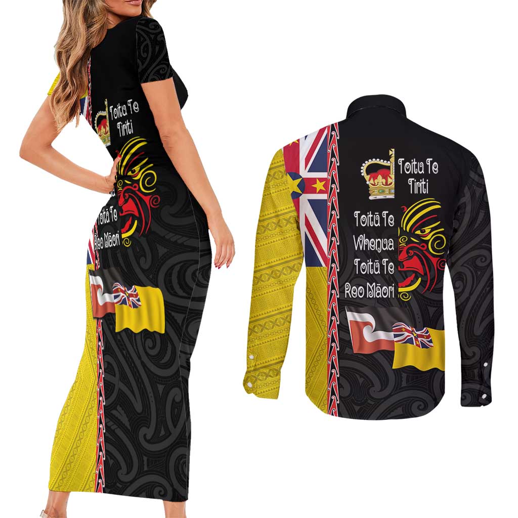 Aotearoa and Niue Toitu Te Tiriti Couples Matching Short Sleeve Bodycon Dress and Long Sleeve Button Shirt Honour the Treaty - Fight Together Stand Together LT03 - Polynesian Pride