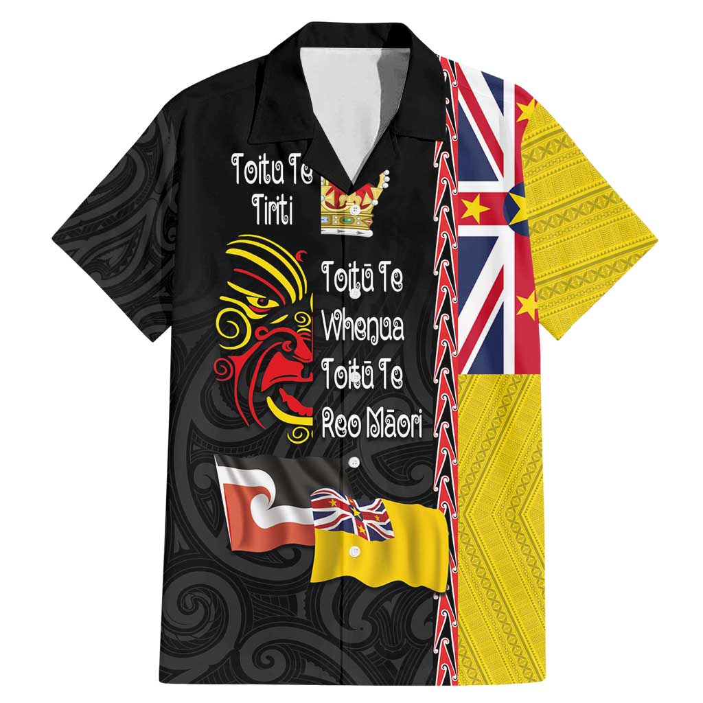 Aotearoa and Niue Toitu Te Tiriti Family Matching Mermaid Dress and Hawaiian Shirt Honour the Treaty - Fight Together Stand Together LT03 Dad's Shirt - Short Sleeve Black - Polynesian Pride
