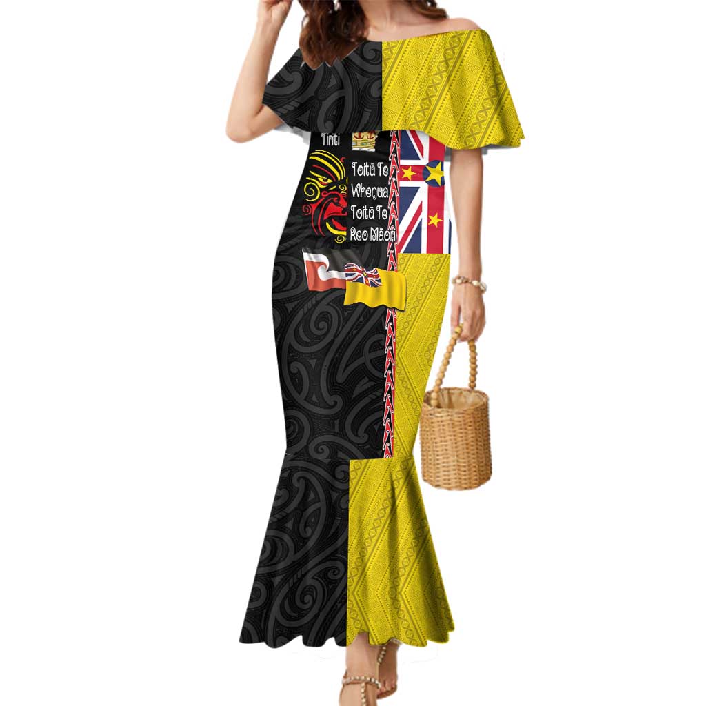 Aotearoa and Niue Toitu Te Tiriti Family Matching Mermaid Dress and Hawaiian Shirt Honour the Treaty - Fight Together Stand Together LT03 Mom's Dress Black - Polynesian Pride