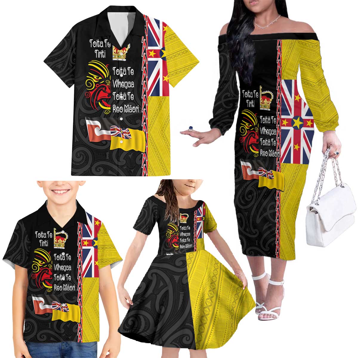 Aotearoa and Niue Toitu Te Tiriti Family Matching Off The Shoulder Long Sleeve Dress and Hawaiian Shirt Honour the Treaty - Fight Together Stand Together LT03 - Polynesian Pride