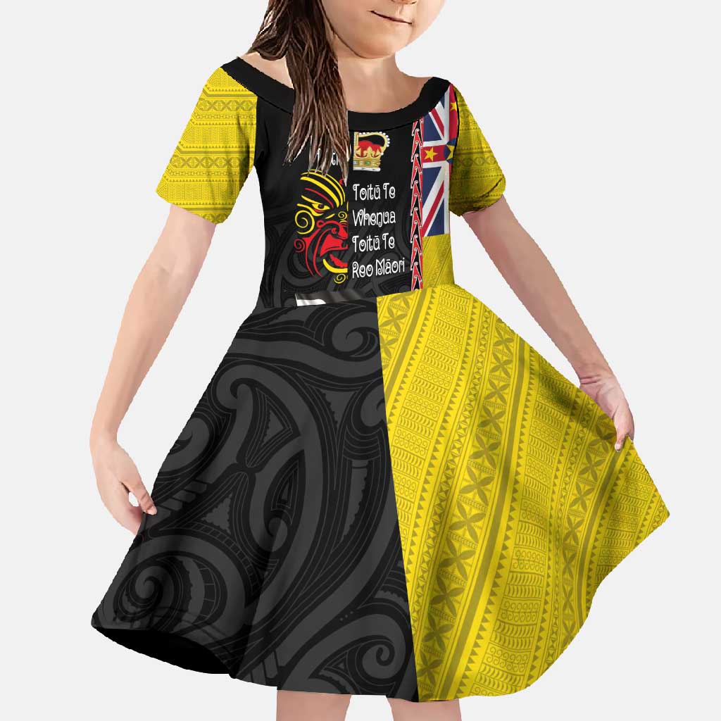 Aotearoa and Niue Toitu Te Tiriti Family Matching Off Shoulder Maxi Dress and Hawaiian Shirt Honour the Treaty - Fight Together Stand Together LT03 Daughter's Dress Black - Polynesian Pride