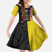 Aotearoa and Niue Toitu Te Tiriti Family Matching Off Shoulder Maxi Dress and Hawaiian Shirt Honour the Treaty - Fight Together Stand Together LT03 Daughter's Dress Black - Polynesian Pride