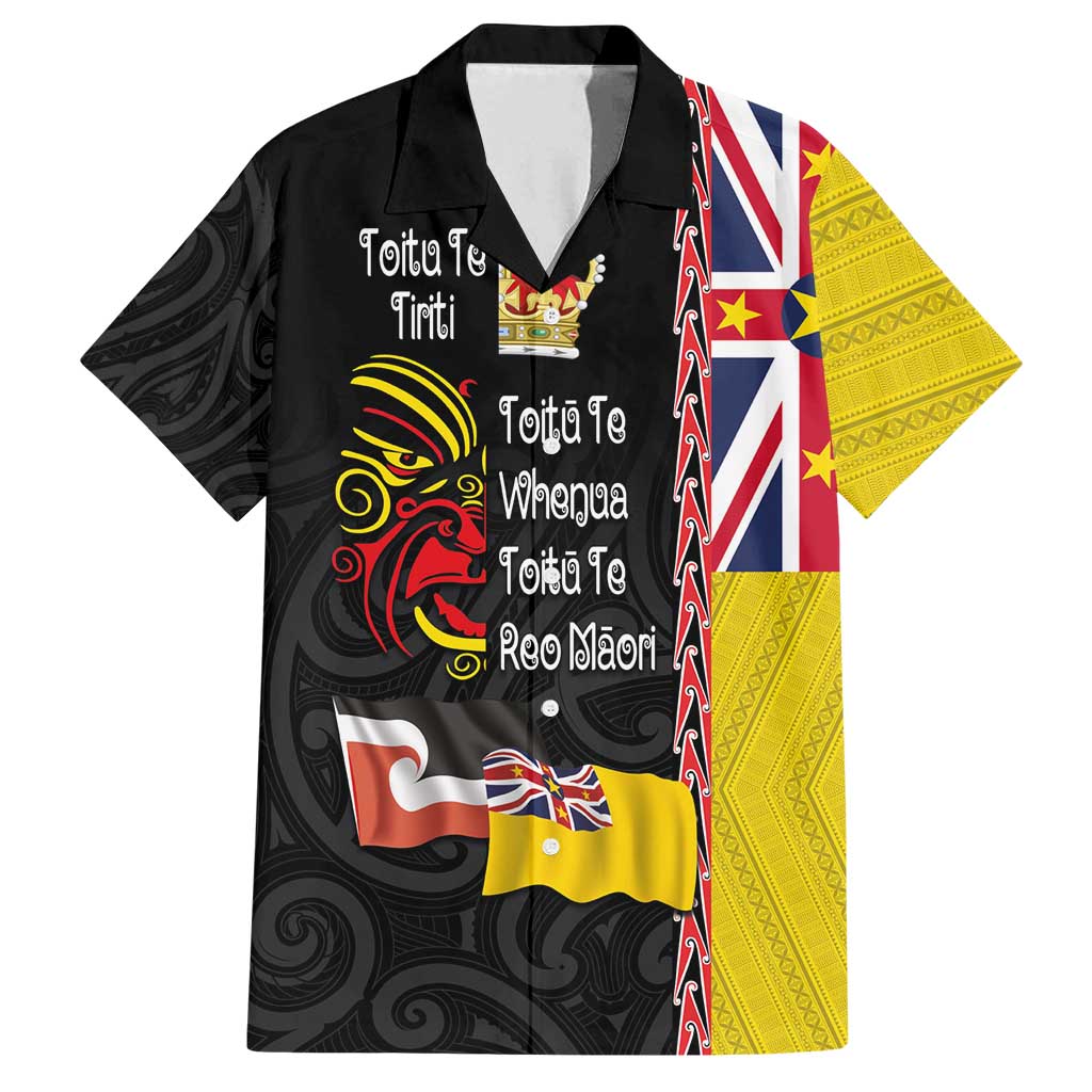 Aotearoa and Niue Toitu Te Tiriti Family Matching Off Shoulder Maxi Dress and Hawaiian Shirt Honour the Treaty - Fight Together Stand Together LT03 Dad's Shirt - Short Sleeve Black - Polynesian Pride