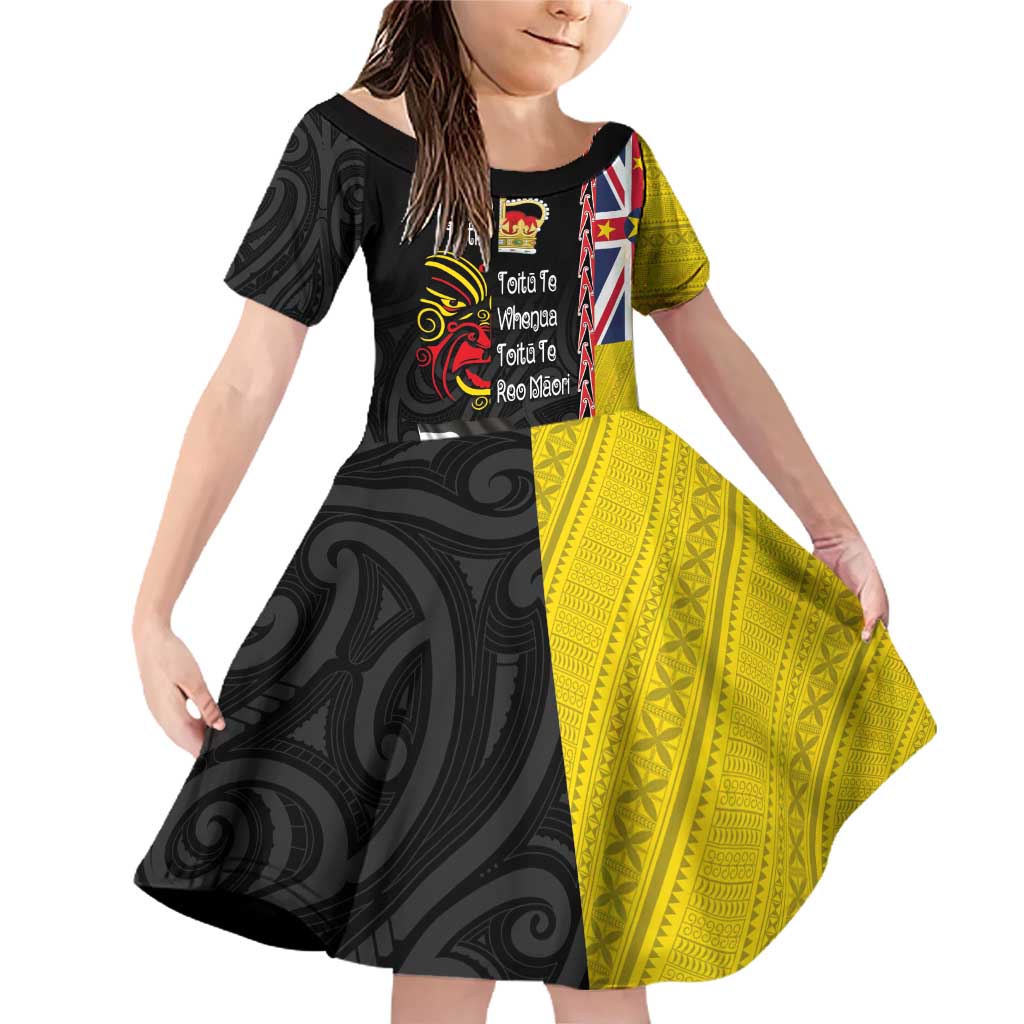 Aotearoa and Niue Toitu Te Tiriti Family Matching Off Shoulder Short Dress and Hawaiian Shirt Honour the Treaty - Fight Together Stand Together LT03 Daughter's Dress Black - Polynesian Pride