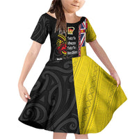 Aotearoa and Niue Toitu Te Tiriti Family Matching Off Shoulder Short Dress and Hawaiian Shirt Honour the Treaty - Fight Together Stand Together LT03 Daughter's Dress Black - Polynesian Pride