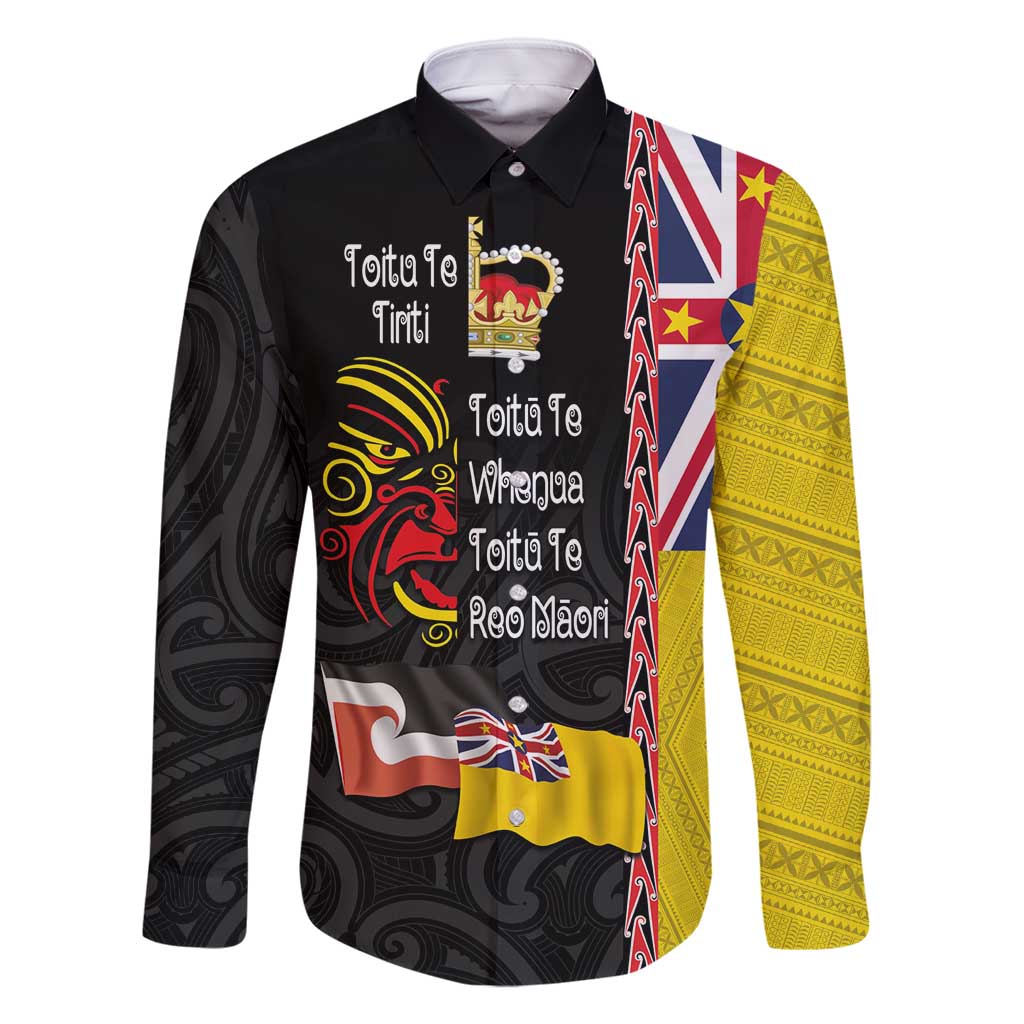 Aotearoa and Niue Toitu Te Tiriti Family Matching Off Shoulder Short Dress and Hawaiian Shirt Honour the Treaty - Fight Together Stand Together LT03 Dad's Shirt - Long Sleeve Black - Polynesian Pride