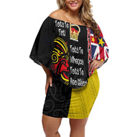 Aotearoa and Niue Toitu Te Tiriti Family Matching Off Shoulder Short Dress and Hawaiian Shirt Honour the Treaty - Fight Together Stand Together LT03 Mom's Dress Black - Polynesian Pride