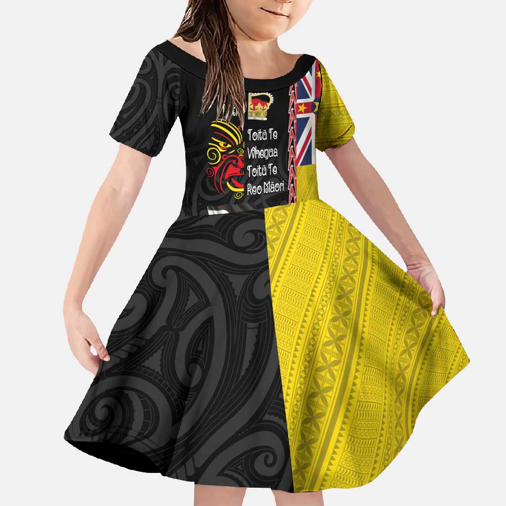 Aotearoa and Niue Toitu Te Tiriti Family Matching Tank Maxi Dress and Hawaiian Shirt Honour the Treaty - Fight Together Stand Together LT03 Daughter's Dress Black - Polynesian Pride
