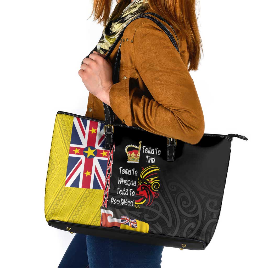 Aotearoa and Niue Toitu Te Tiriti Leather Tote Bag Honour the Treaty - Fight Together Stand Together LT03 Black - Polynesian Pride