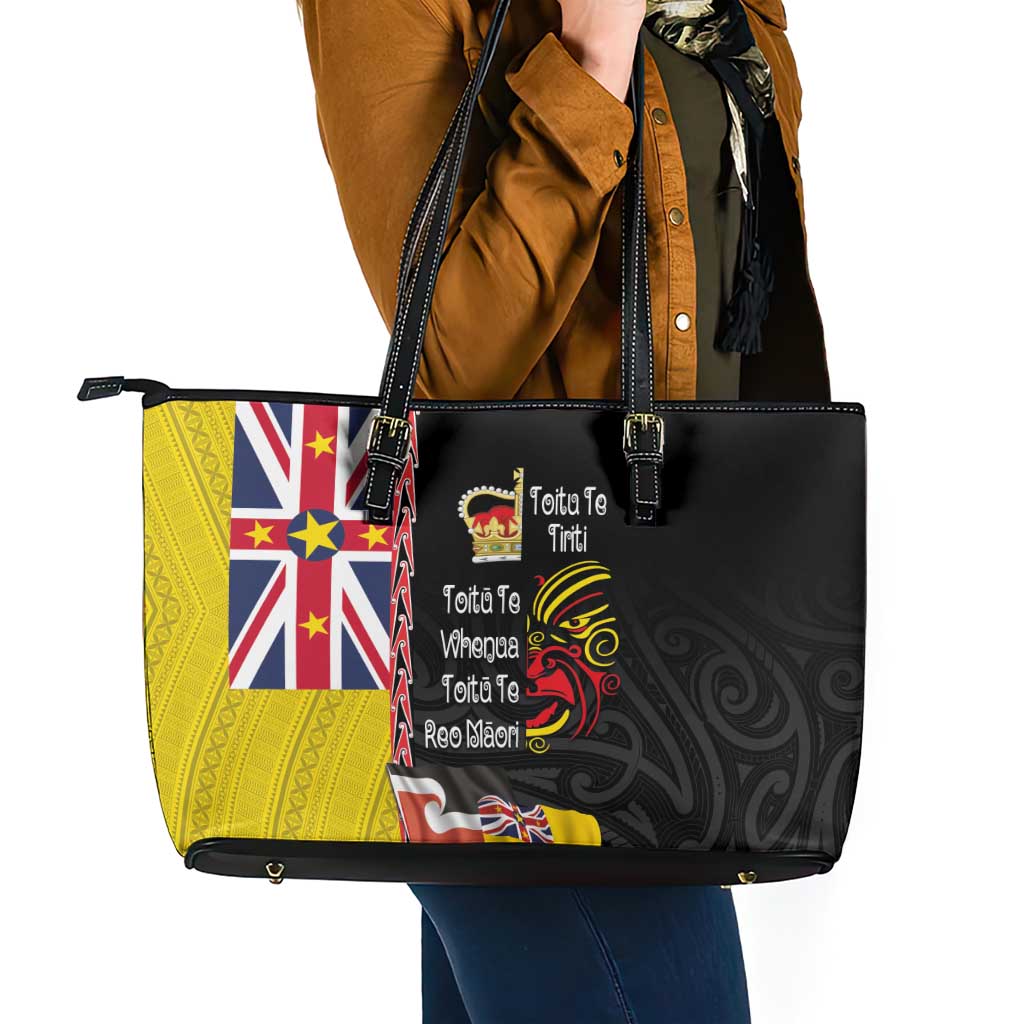 Aotearoa and Niue Toitu Te Tiriti Leather Tote Bag Honour the Treaty - Fight Together Stand Together LT03 - Polynesian Pride