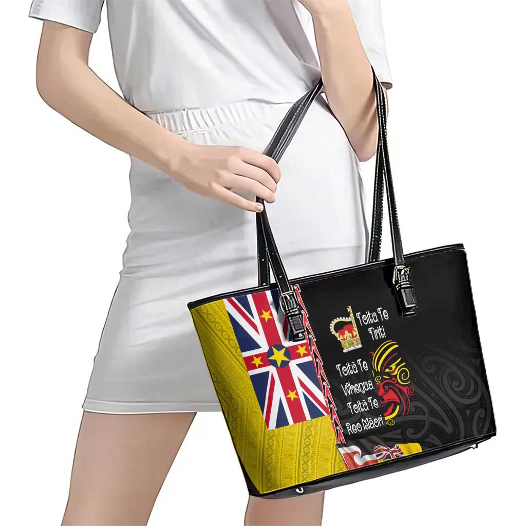 Aotearoa and Niue Toitu Te Tiriti Leather Tote Bag Honour the Treaty - Fight Together Stand Together LT03 - Polynesian Pride