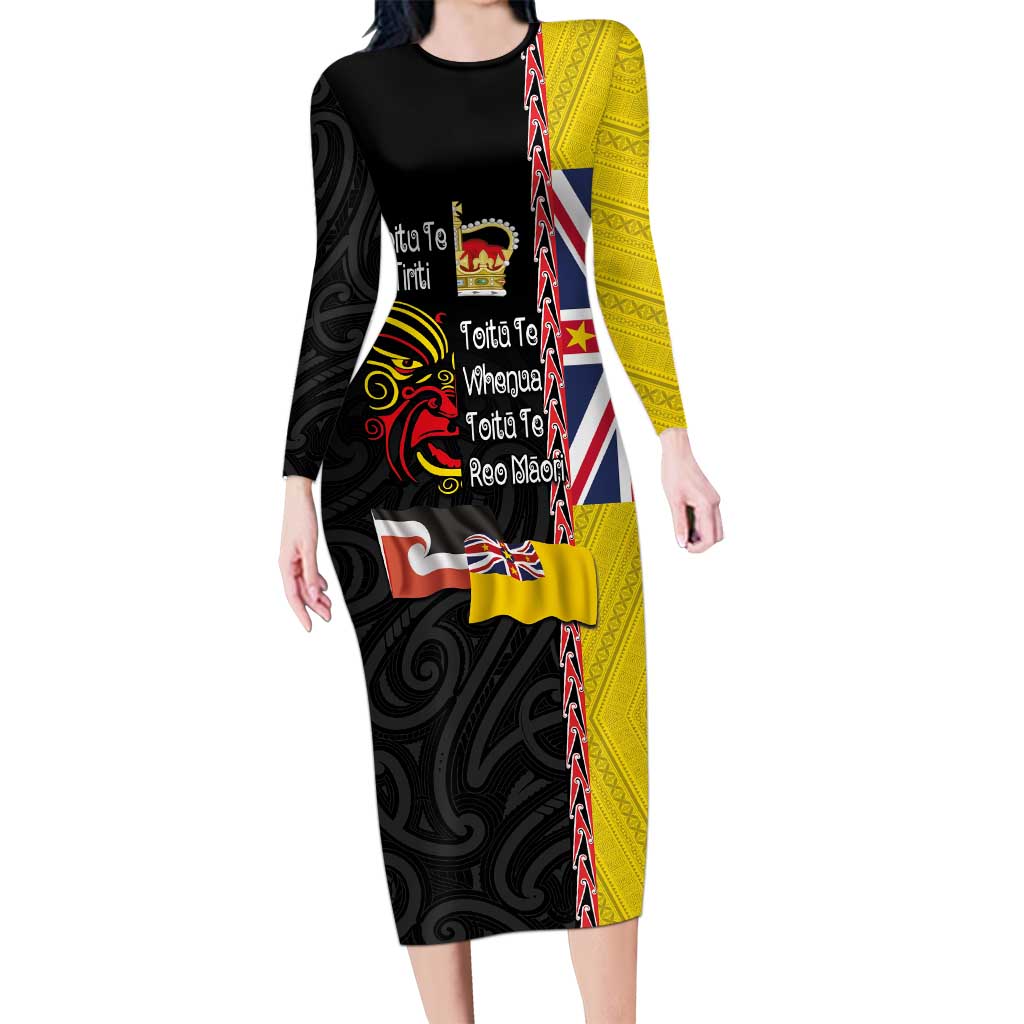 Aotearoa and Niue Toitu Te Tiriti Long Sleeve Bodycon Dress Honour the Treaty - Fight Together Stand Together LT03 Long Dress Black - Polynesian Pride