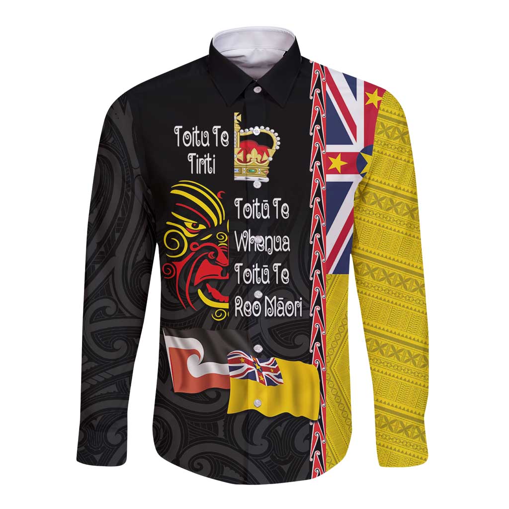 Aotearoa and Niue Toitu Te Tiriti Long Sleeve Button Shirt Honour the Treaty - Fight Together Stand Together LT03 Unisex Black - Polynesian Pride