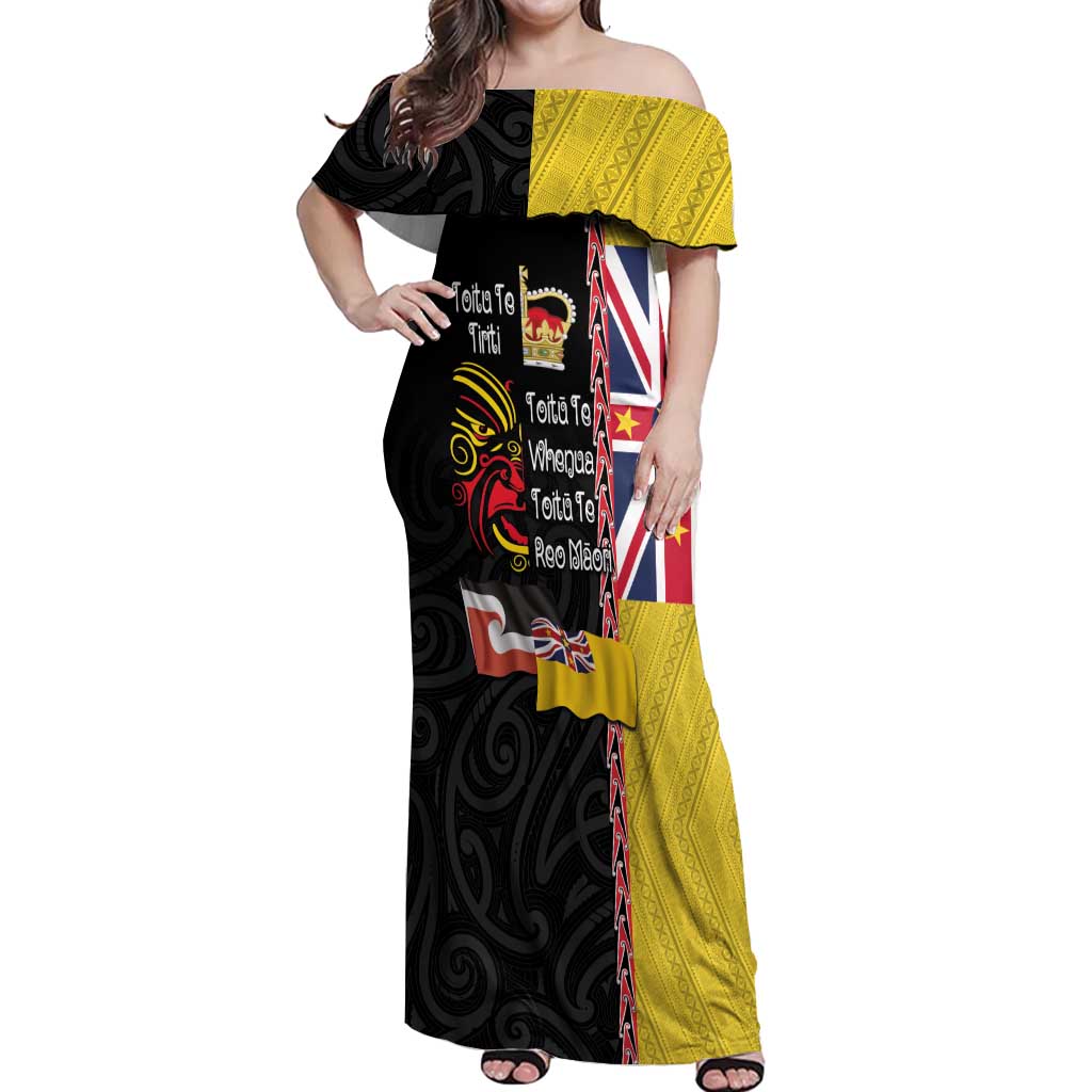 Aotearoa and Niue Toitu Te Tiriti Off Shoulder Maxi Dress Honour the Treaty - Fight Together Stand Together LT03 Women Black - Polynesian Pride