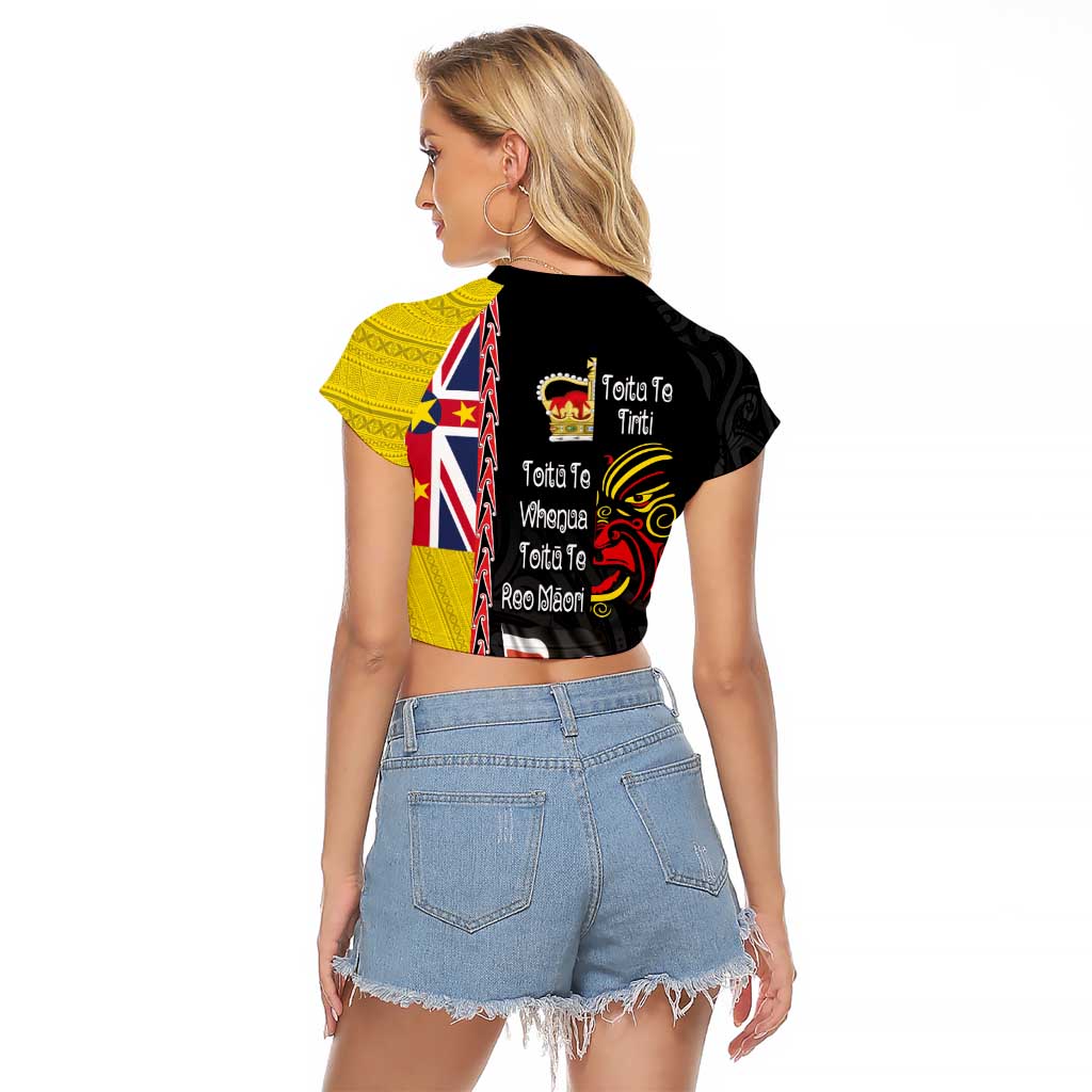 Aotearoa and Niue Toitu Te Tiriti Raglan Cropped T Shirt Honour the Treaty - Fight Together Stand Together